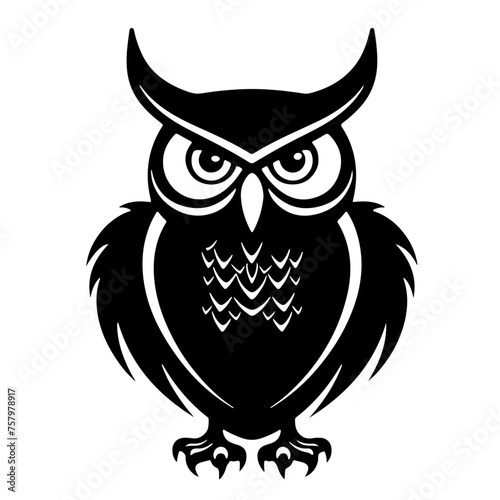 Wildlife wild animal birds symbol icon for logo - Black fine line art silhouette of owl, isolated on white background