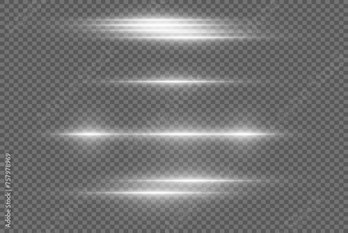 Beautiful bright horizontal flash. White highlights on a transparent background. Light streaks of light.