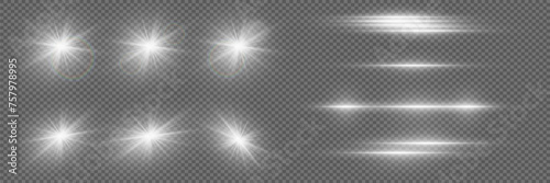  Collection of light effects flash white light  special effect lines. White  lens  star  glow  spark  effect  light  beam  flash. Vector EPS10