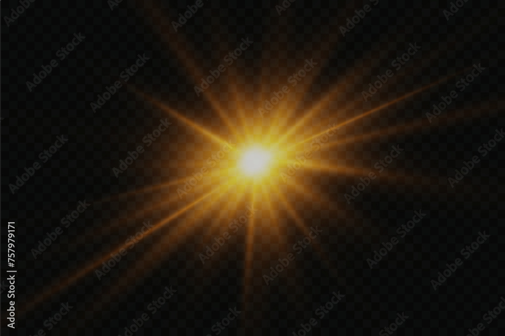 Sunlight with explosion flash, flash of light and flare, magic, sparks, sun rays, rays effect. On a transparent background.