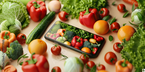 Healthy food concept of fresh organic vegetables wirh mobile phone and wooden desk background,Smartphone and Healthy Lifestyle: Fresh Organic Produce on Wooden Desk photo
