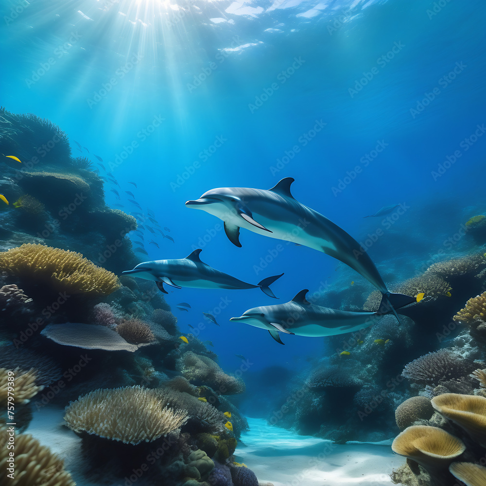 Fototapeta premium Dolphin on the ocean floor. undersea world