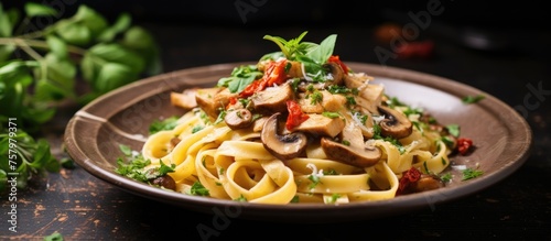 Delicious Pasta Dish with Savory Mushrooms and Juicy Tomatoes on a Stylish Plate