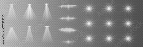  Set of glowing isolated white transparent light effects  lens flare  explosion  sparkle  dust  line  solar flare  spark and stars  spotlight. Vector EPS 10