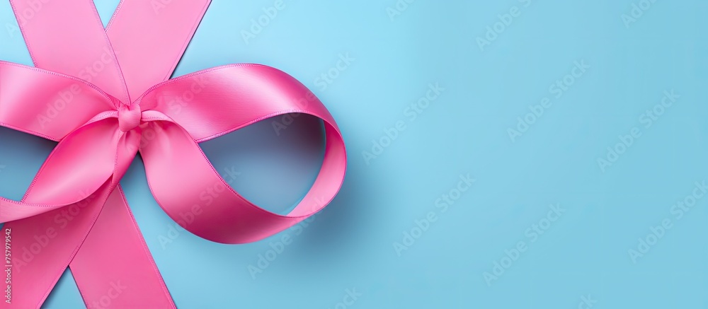 Bright Pink Ribbon Symbolizing Love and Hope Against a Serene Blue Background Bright Pink Ribbon Symbolizing Love and Hope Against a Serene Blue Background