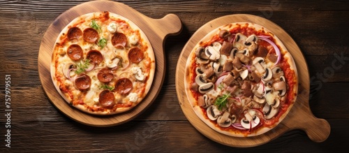 Delicious Freshly Baked Pizzas Ready to Be Sliced on Rustic Wooden Table