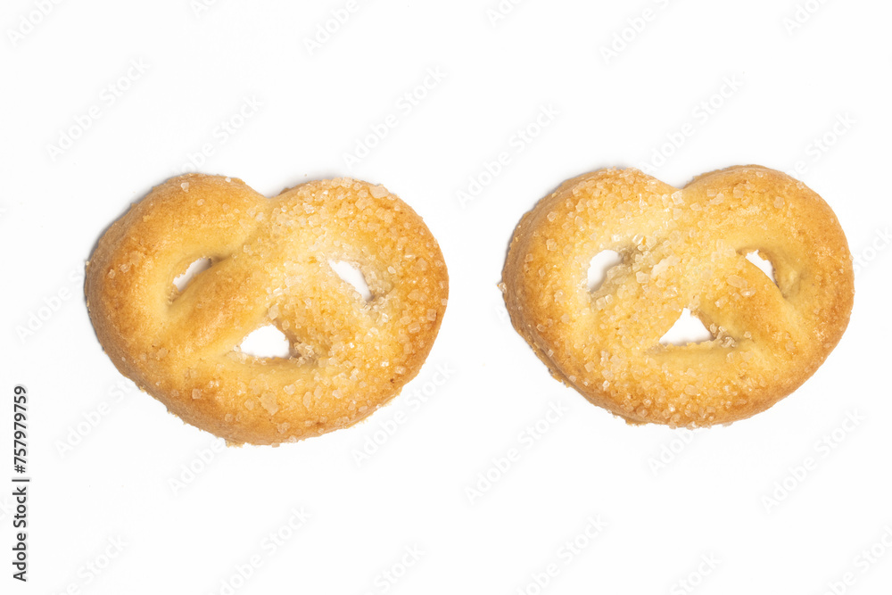 Two danish butter cookies the pretzel cookie top view isolated on white background clipping path