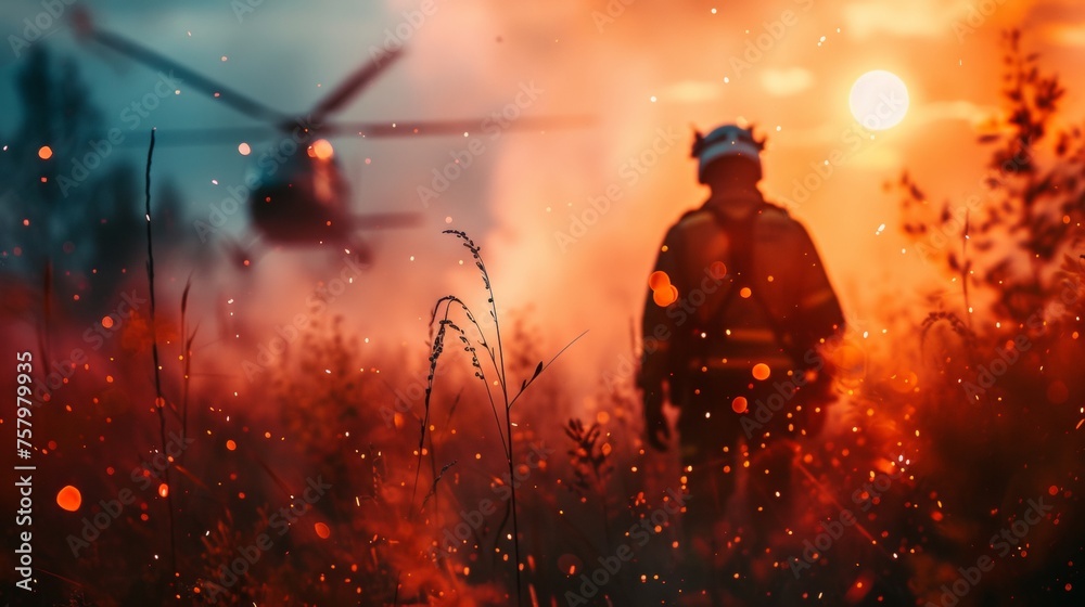 Firefighter fighting to put off wild fire flames in forest with helicopter Firefighter fighting to put off wild fire flames in forest with helicopter