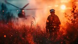 Firefighter fighting to put off wild fire flames in forest with helicopter