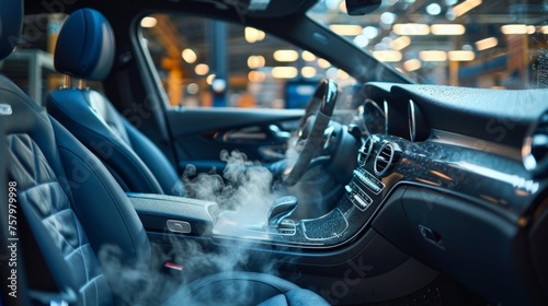 Car air conditioner cleaning with dry fog or smoke. bad smell in the car, refilling refrigerant in car air conditioner photo