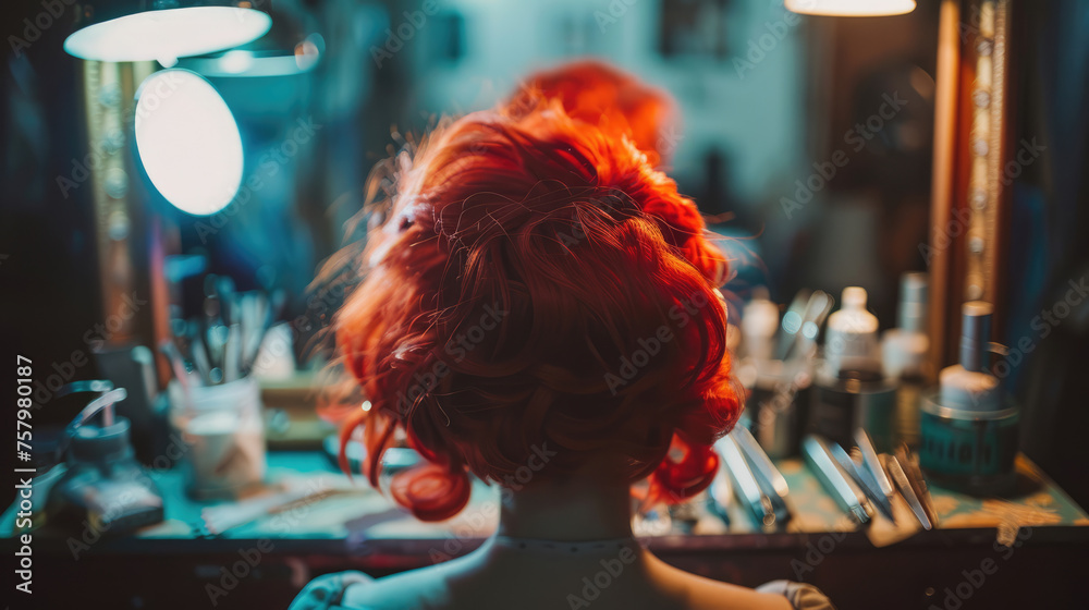 A girl in a red wig near the dressing table. The actress is preparing to go on stage. AI