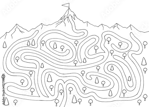 Mountain maze graphic black white sketch illustration vector