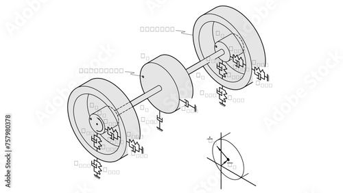 A line drawing showing a dynamical rotor system with 3 main masses, bearings, unbalance location, and symbols for damping and stiffness
