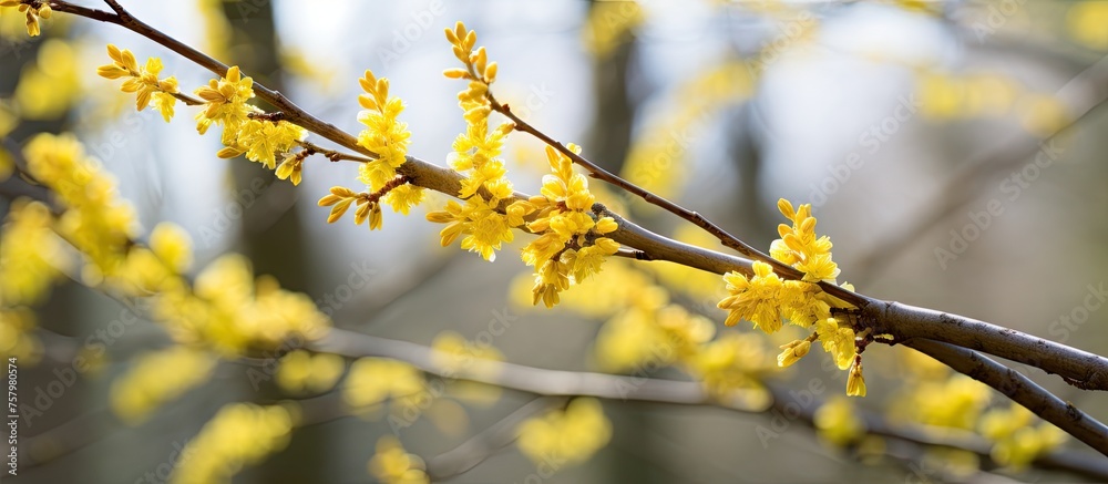 Delicate Spring Blossoms on a Vibrant Yellow Flowering Branch in Nature Delicate Spring Blossoms on a Vibrant Yellow Flowering Branch in Nature