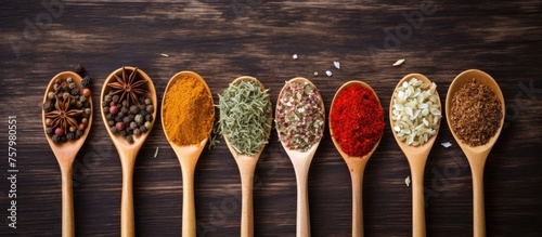 Assortment of Aromatic Spices in Wooden Spoons for Flavorful Cooking and Seasoning Delights