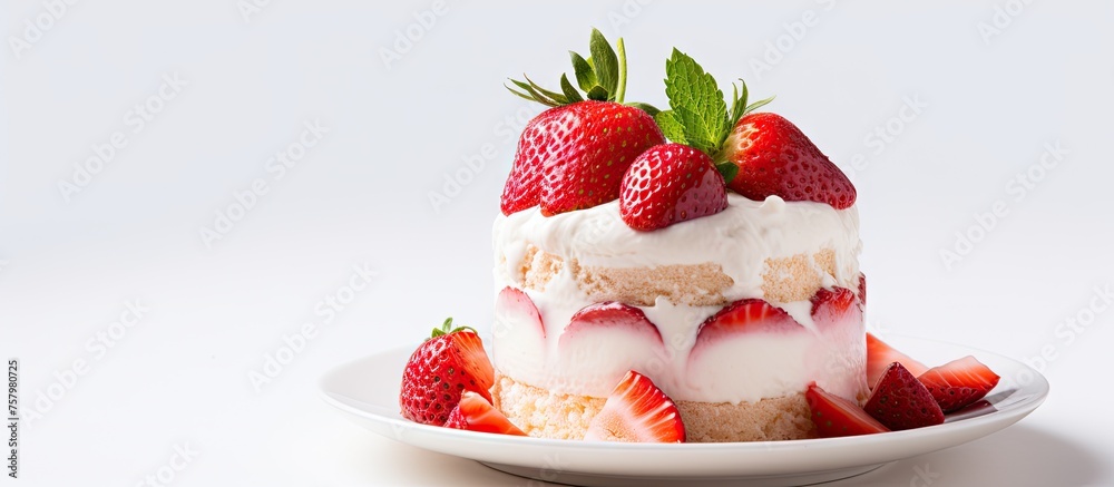 Delicious Strawberry Cake on a Elegant White Plate Ready to Indulge the Taste Buds Delicious Strawberry Cake on a Elegant White Plate Ready to Indulge the Taste Buds