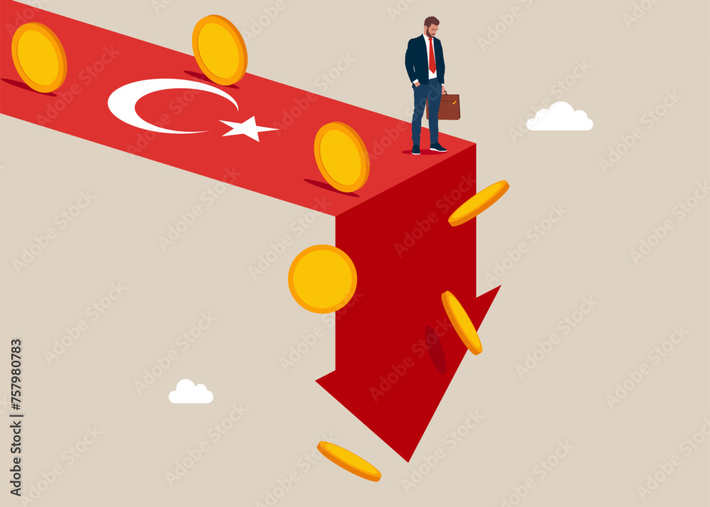 Obraz premium Turkey economy collapse. Economy collapse. Financial instability and stock market crash. Investor falling from stack of unstable money. Vector illustration.