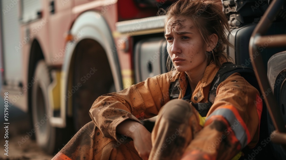 Closeup portrait of a tired female firefighter