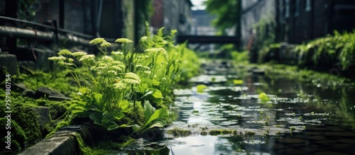 Tranquil Small Stream Flowing Amid Lush Greenery with Vibrant Aquatic Flora