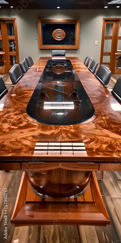 Polished mahogany conference table adorned with high-end technology
