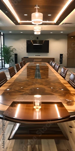 Polished mahogany conference table adorned with high-end technology

