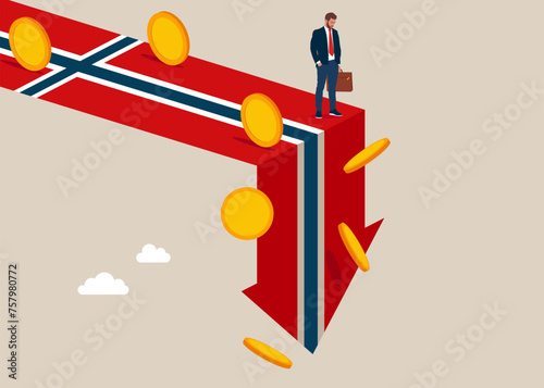 Norway economy collapse. Economy collapse. Financial instability and stock market crash. Investor falling from stack of unstable money. Vector illustration.