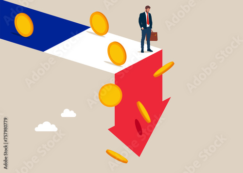 France economy collapse. Economy collapse. Financial instability and stock market crash. Investor falling from stack of unstable money. Vector illustration.