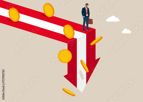 Austria economy collapse. Economy collapse. Financial instability and stock market crash. Investor falling from stack of unstable money. Vector illustration.