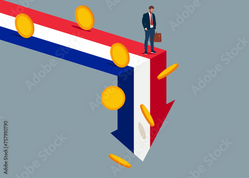 Netherlands economy collapse. Economy collapse. Financial instability and stock market crash. Investor falling from stack of unstable money. Vector illustration.