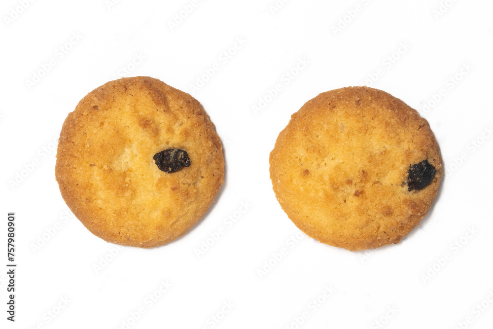 Two danish butter cookies the coconut style cookie with raisin top view isolated on white background clipping path Two danish butter cookies the coconut style cookie with raisin top view isolated on white background clipping path