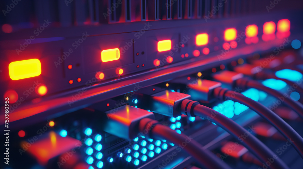 Close-up of network server panel with illuminated cables and switches in vibrant blue and red colors Close-up of network server panel with illuminated cables and switches in vibrant blue and red colors