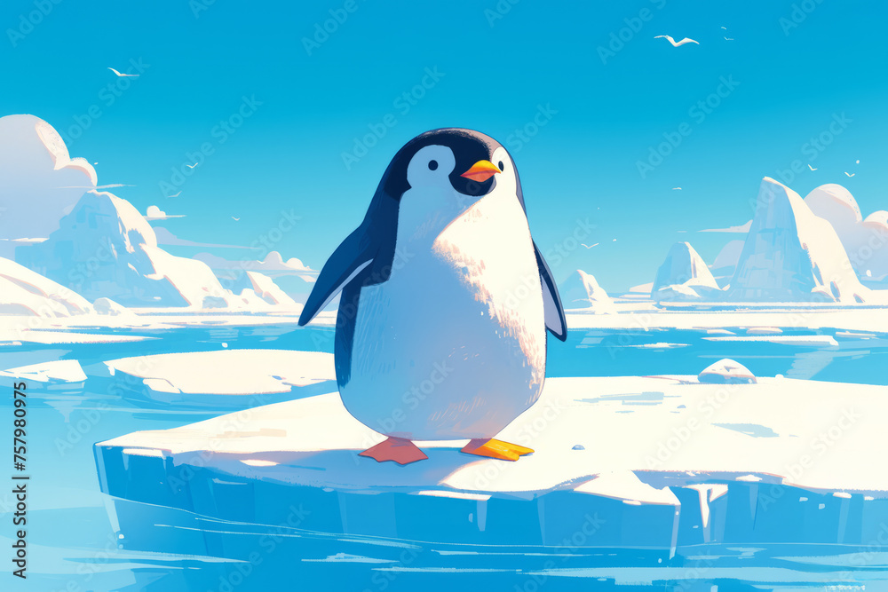 Obraz premium Lone penguin in Antarctica cartoon in ice and snow
