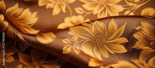 Elegant Brown and Gold Floral Print Fabric Close-Up for Luxury Fashion Design