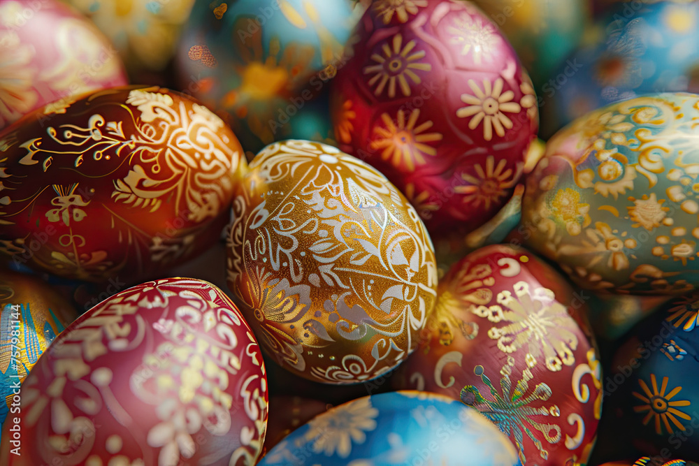 close up of colorful easter eggs with shiny golden patterns