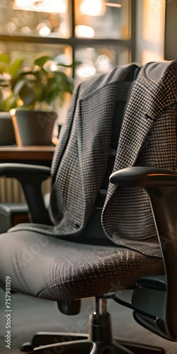 Crisp tailored suit jacket draped over an executive office chair
