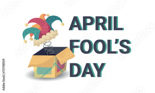April Fools Day text with a jesters hat in box EPS 10 vector illustration for greeting card, ad, promotion, poster, flier, blog, article, marketing, signage, email