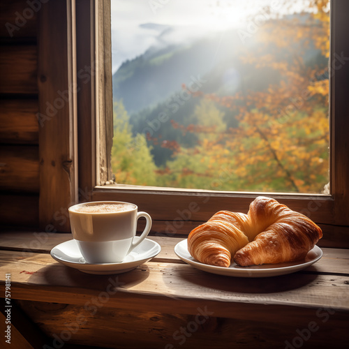  A cup of coffee and croissants lie on the wooden window sill by the window overlooking the big mountains and forest.