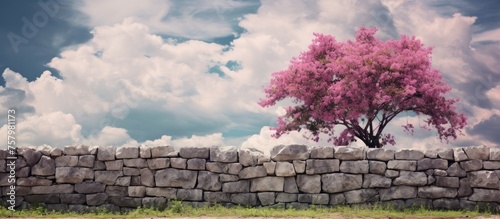 Serene Tree Growing Through Ancient Stone Wall in a Tranquil Garden Setting photo