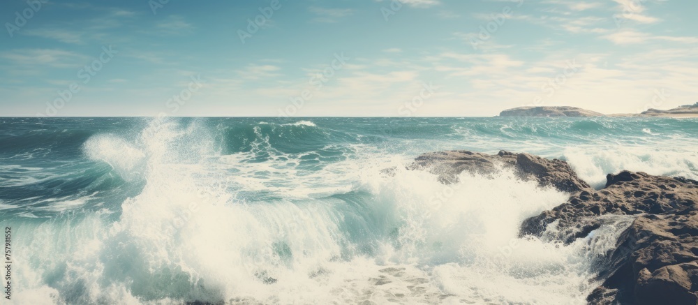 Powerful Ocean Wave Crashing Dramatically on Rugged Rocky Shoreline