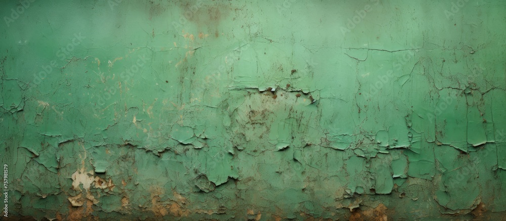 Weathered Green Wall with Flaking Paint and Rusty Metal Texture Background
