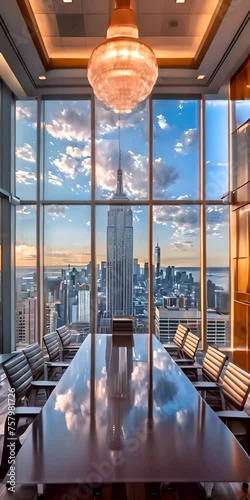 Executive boardroom with panoramic city skyline views, inspiring strategy
