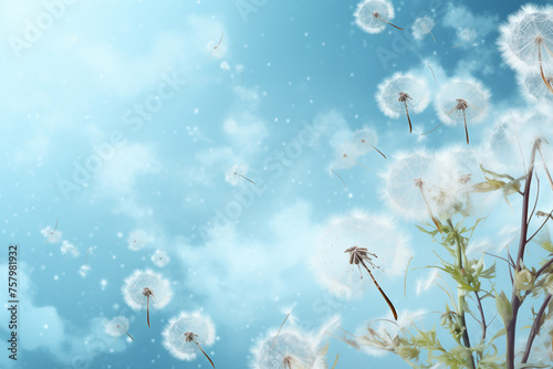 Ethereal landscape with dandelion silhouettes against a colorful, misty sky © erika8213