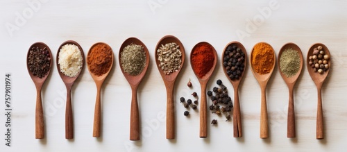 Assortment of Wooden Spoons with Various Spices in a Decorative Display