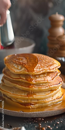Towering stack of fluffy pancakes drizzled in maple syrup
