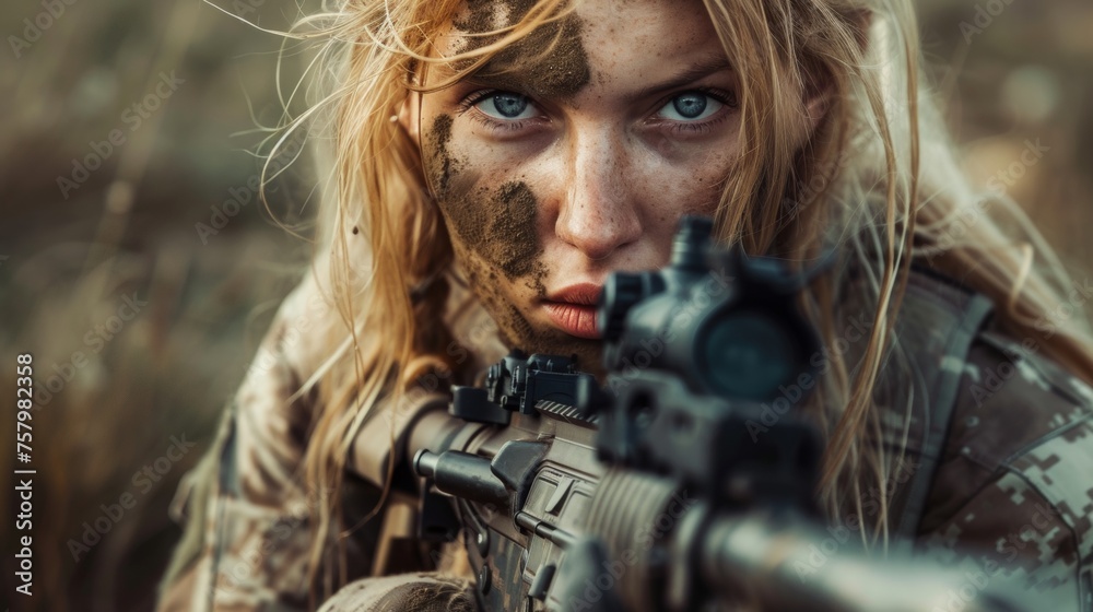 Portrait of a female sniper with rifle in battle field Portrait of a female sniper with rifle in battle field