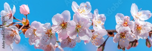 A close-up of delicate cherry blossoms in full bloom, their soft pink petals contrasted against a clear blue sky.