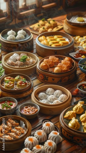 A variety of colorful dim sum dishes on a wooden table, including pork buns, har gow, and shumai.