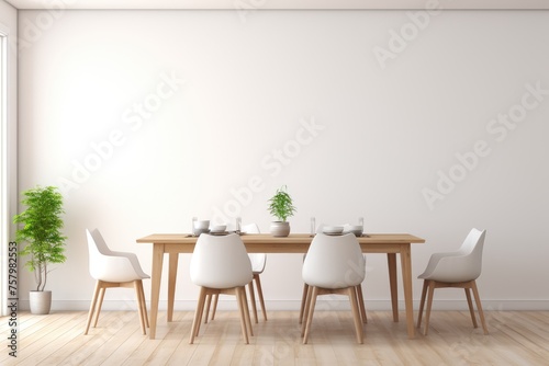 Mock up of a white modern dining room with dining table set with chairs and an empty painted wall. Wall decor