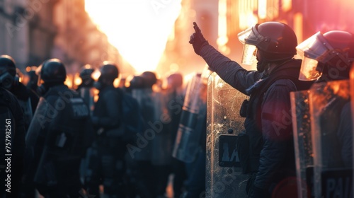 Riot police in action in a city