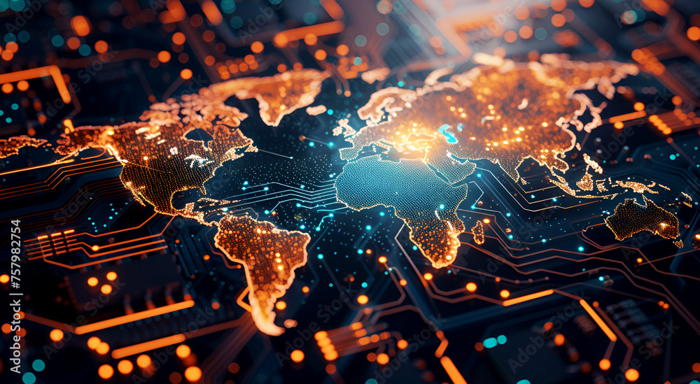 Fototapeta premium A glowing digital world map superimposed on a highly detailed computer chip circuit. Top view.